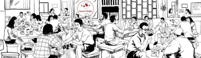 black and white illustration for Lau's kopi tiam option 1 black and white mural illustration