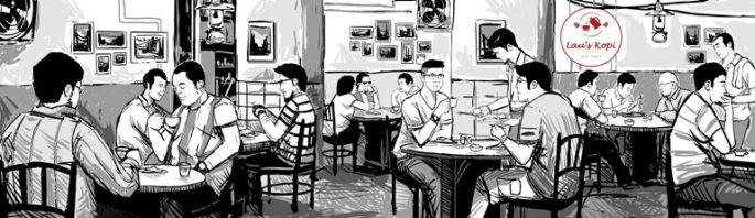 black-white mural for Lau's Kopi Tiam option 2 black and white mural illustration