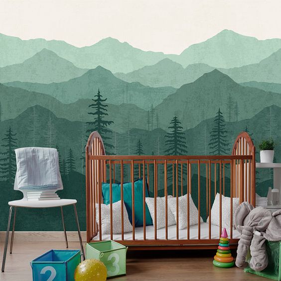 the forest with the mountain forest mural