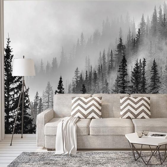 black and white forest forest mural