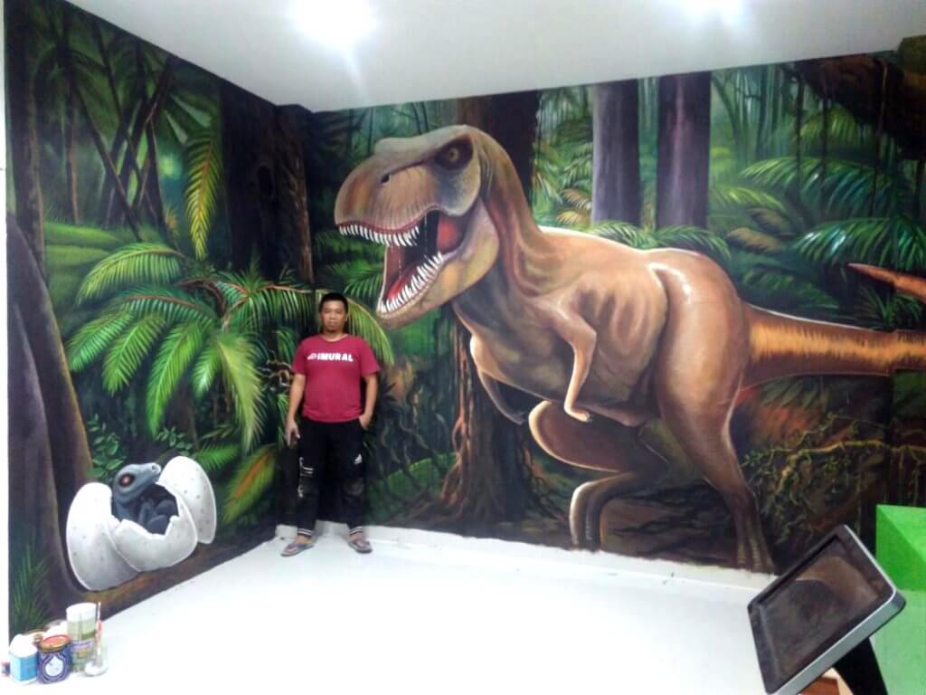 lukisan 3d di tembok bertema dinosaurus