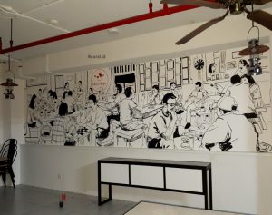 mural hitam putih di lau's kopitiam