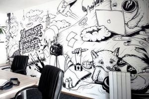 mural hitam putih untuk kantor kucing