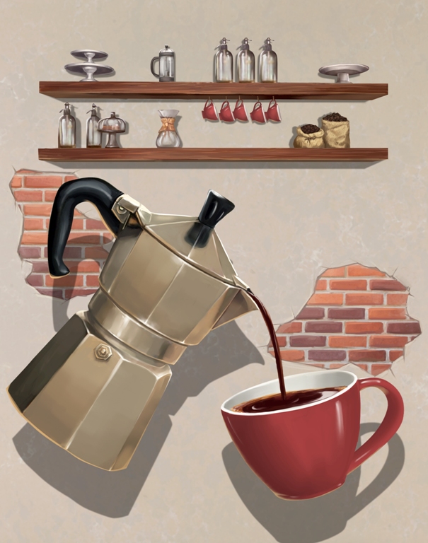 ilustrasi kafe mural 3d spatula