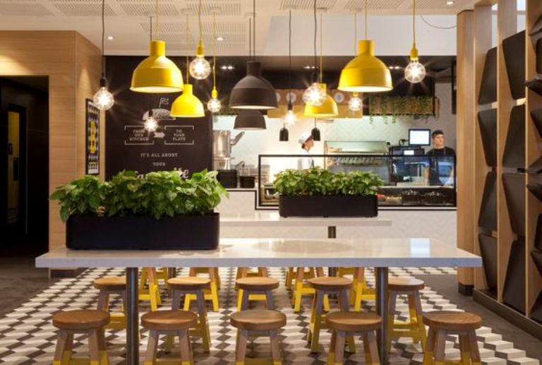 Cafe Decoration in Industrial Style with Yellow Colour